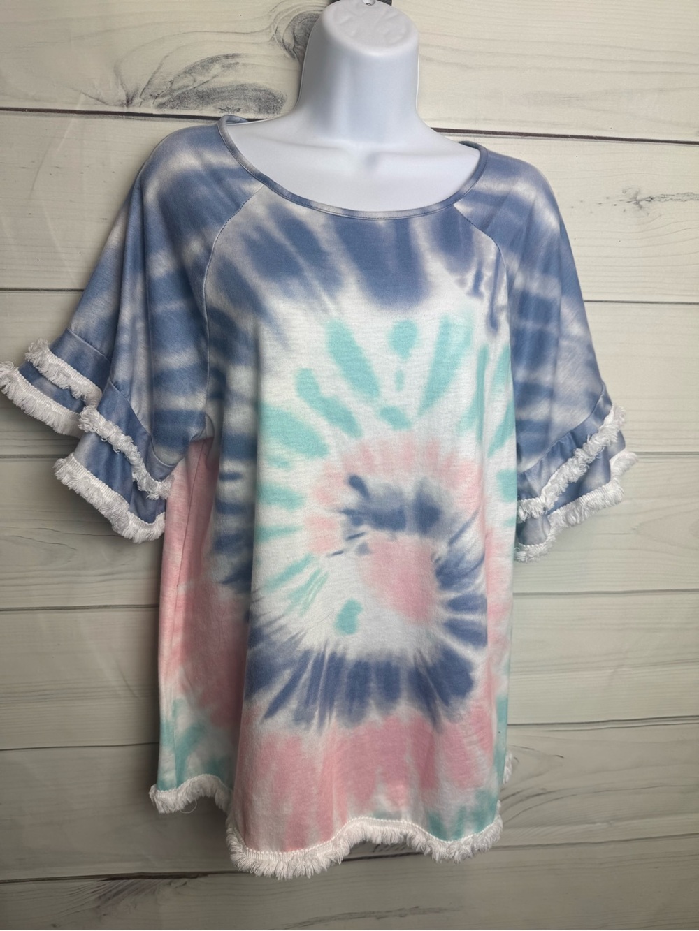 Soft Tie-Dye Short Sleeve Fringe Top - Pastel Blue, Pink & Mint - Picture 8 of 9